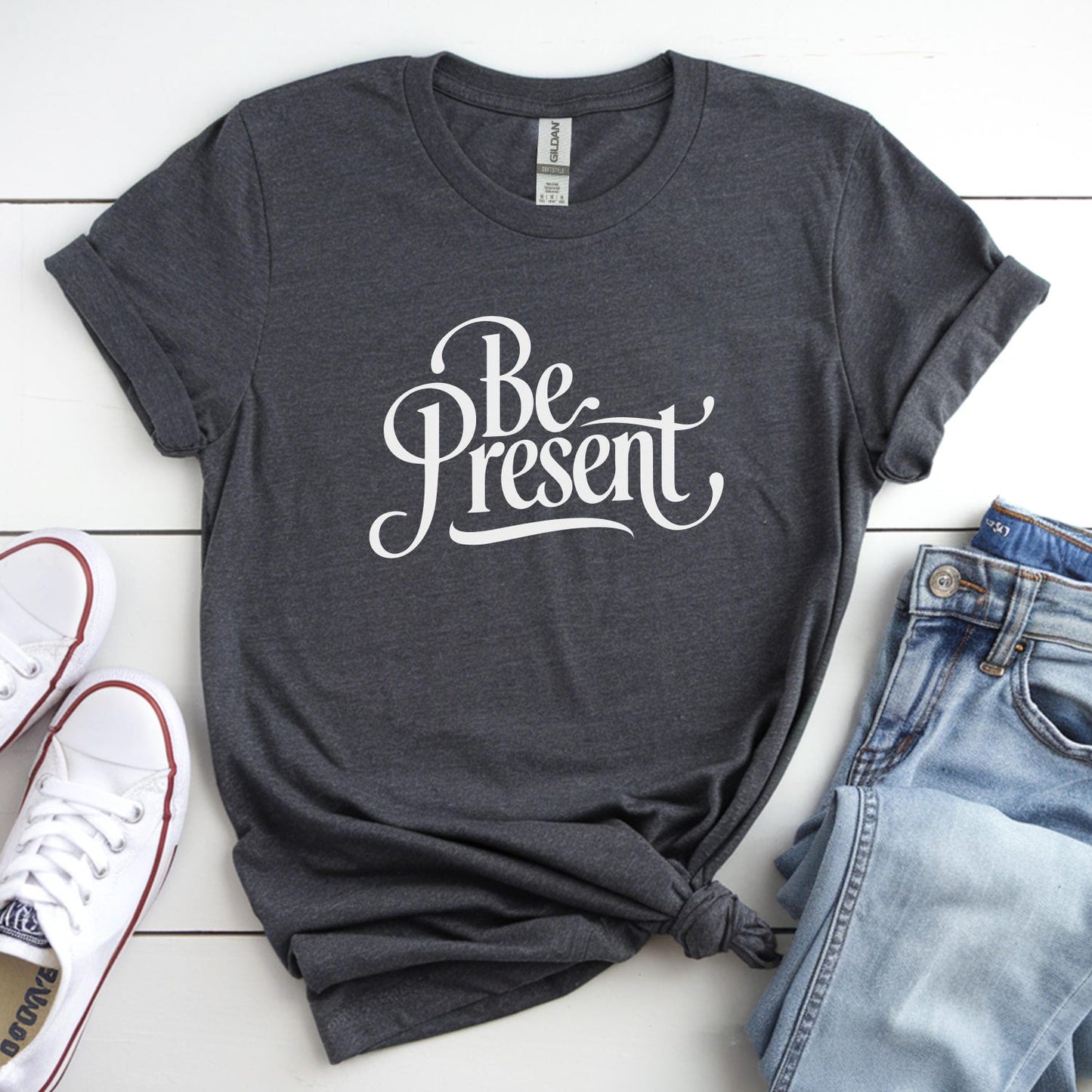 Be Present Shirt:Mindfulness Tee, Positive Quote T-Shirt, Yoga Gift, Mental Health Awareness Top