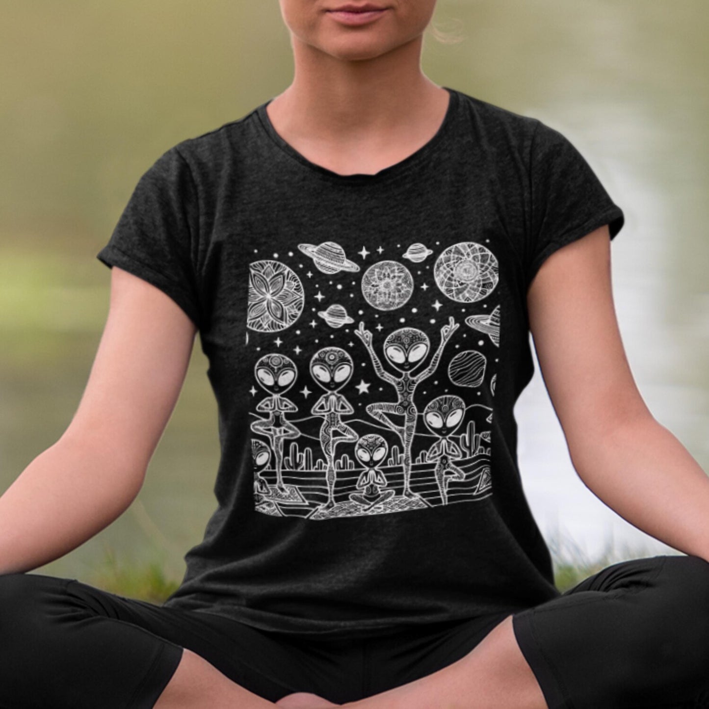Aliens Doing Yoga T-Shirt: Funny Cosmic Meditation Tee for Humor Lovers