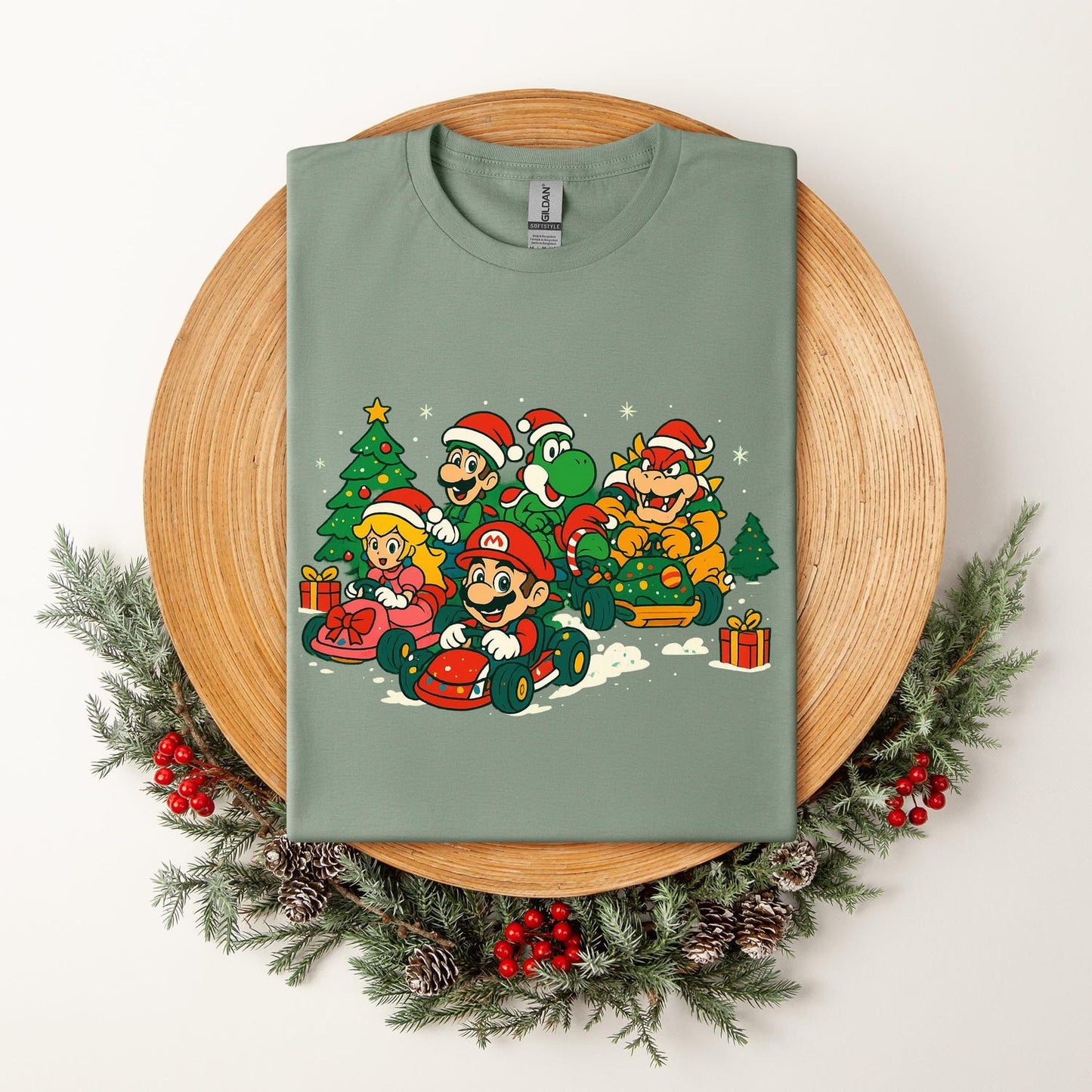 Mario Kart Christmas Shirt, Cute Holiday Racing Tee, Funny Xmas Gift T-Shirt for Men Women Kids, Festive Santa Hat Gamer Cartoon Top