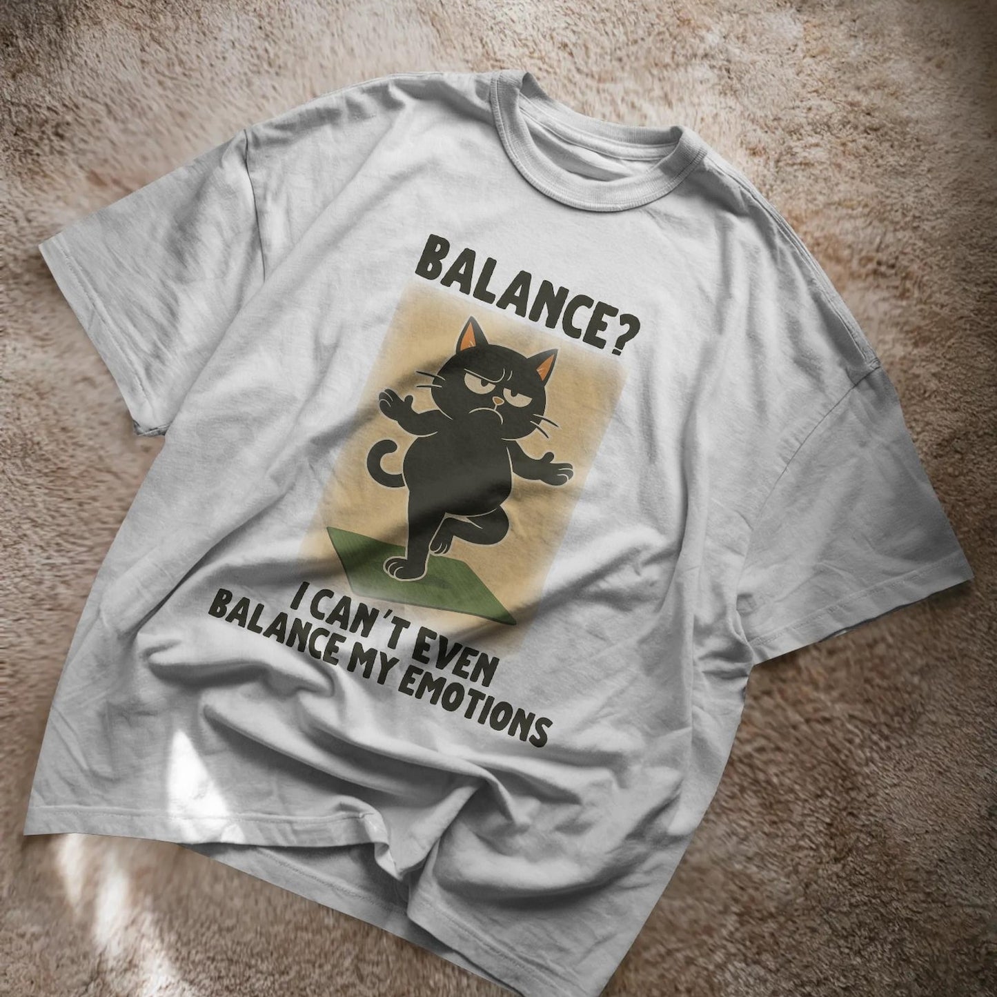 Funny Quote Balance I Can't Even Black Cat Unisex Jersey Short Sleeve Tee: Retro Yoga Gym Pilates T-Shirt Gift