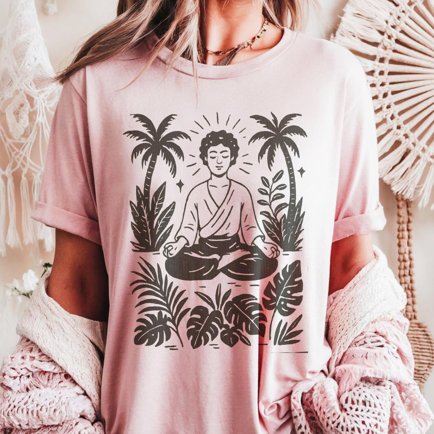 Meditating Yogi T Shirt | Yoga Spiritual Peaceful Zen Meditation Yogi Palm Tree Tropical Relaxation Tee Gift