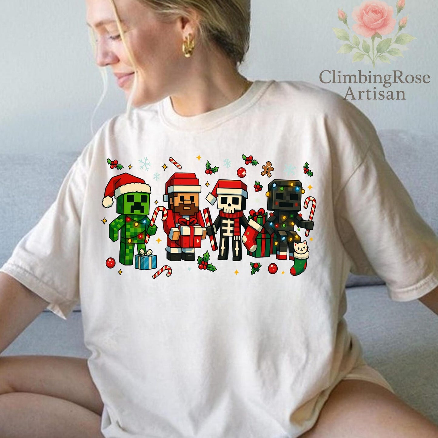 Jolly Creeper Comfort Colors Shirt | Funny Minecraft Style Christmas T-Shirt | Holiday Gaming Top