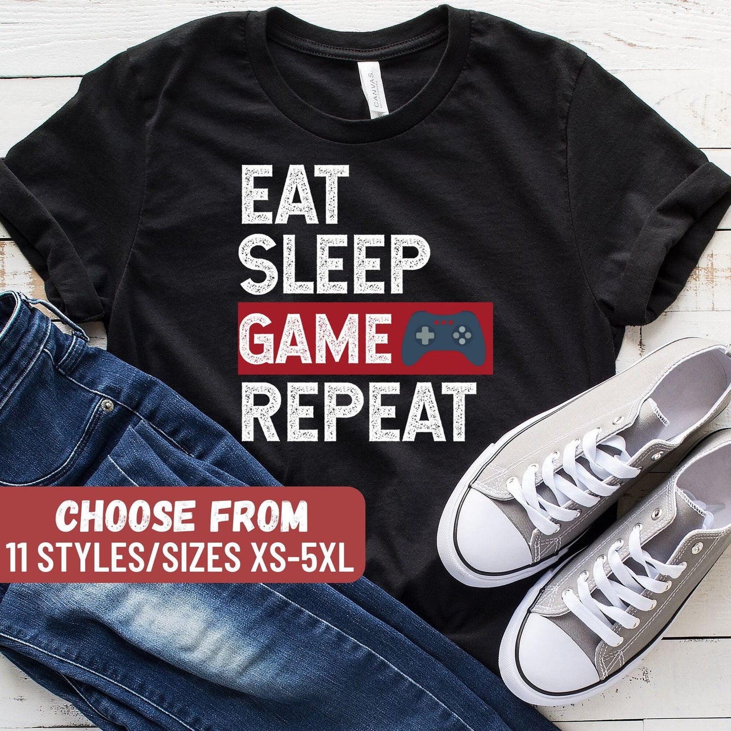 Eat Sleep Game Repeat T-Shirt | Funny Gaming Shirt | Video Game Lover Tee