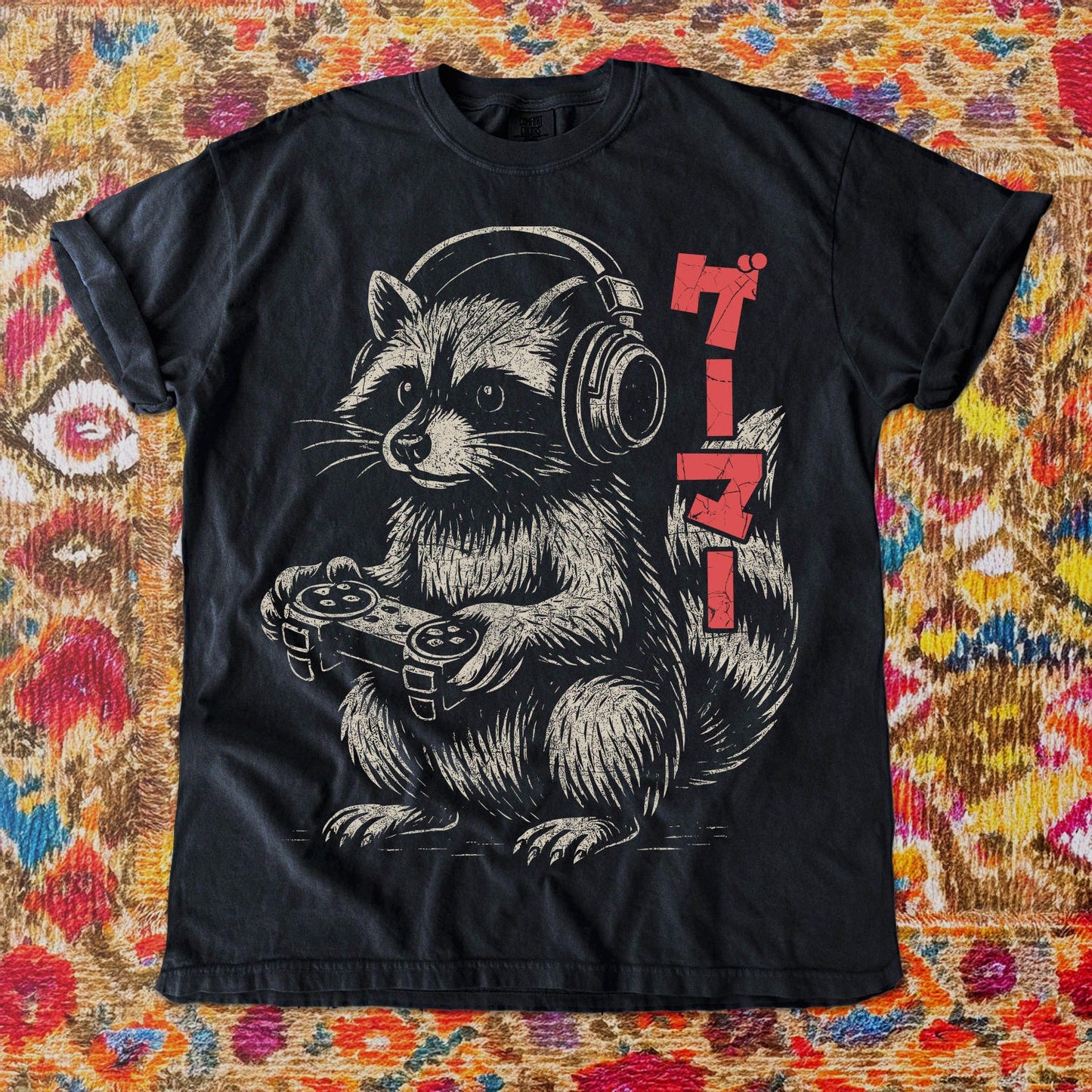 Raccoon Gamer T-Shirt | Funny Japanese Graphic Tee | Retro Gaming Shirt