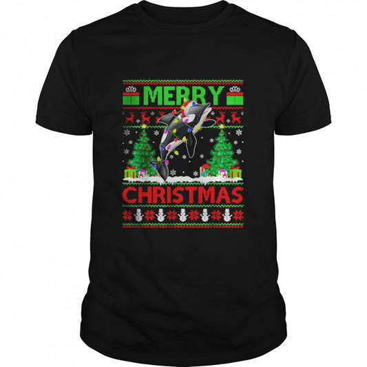 Orca Fish Lover Xmas Lighting Santa Ugly Orca Christmas T Shirt