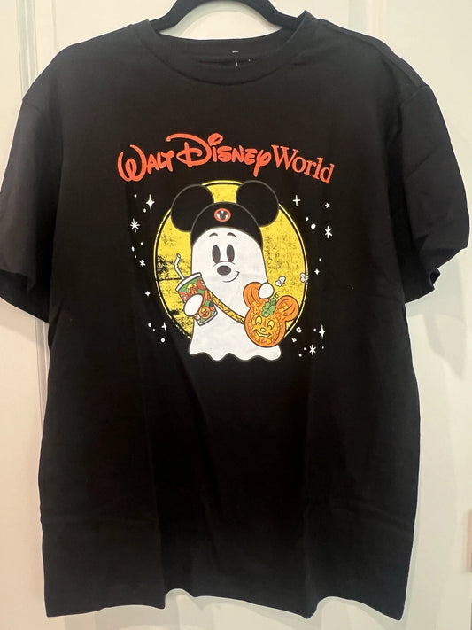 Disney Parks 2025 Halloween Mickey Mouse Ghost Pumpkin Adult T Shirt Xl