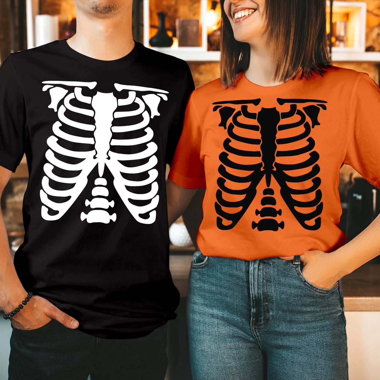 Tshirt (1741) Skeleton Rib Cage X-ray Funny Halloween T-shirt Funny Skull Tops