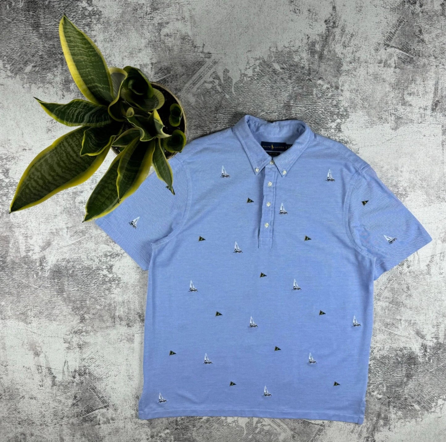 Vintage Polo Ralph Lauren Oxford Knit Sailing Boat Aqua Blue Monogram T Shirt