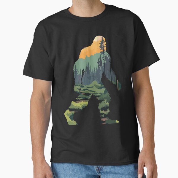 Bigfoot Silhouette with Scenic Forest & Mountain Sunset Classic T-Shirt for Sale by caileag