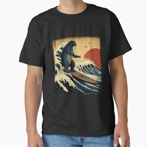 Godzilla Surfing The Great Wave by Hokusai Funny Parody Classic T-Shirt for Sale by manbird