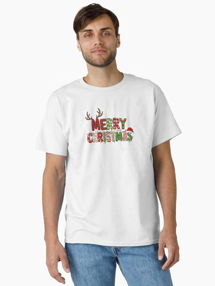 Plaid Merry Christmas Typography with Antlers Lights Classic TShirt T-Shirt | Top Trending Graphic | Trending Festive Apparel