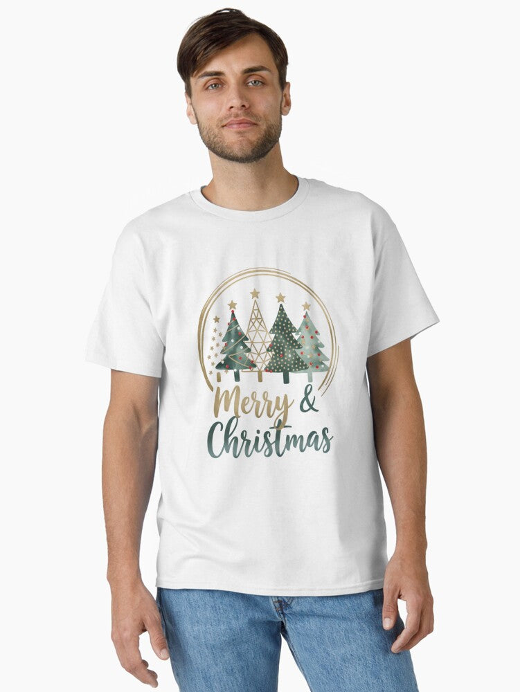 Merry Christmas TShirt Elegant Christmas Tree Design Festive Gold Accent Holiday Shirt Christmas Gift Idea Classic TShirt T-Shirt | High-Quality Print | Great For Christmas Season