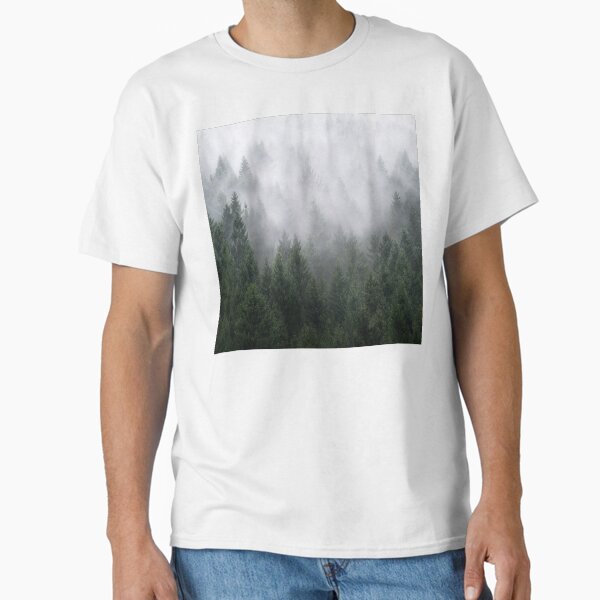 Home Is A Feeling // Misty Retro Fall Wilderness Fairytale Evergreen Forest With Trees Covered In Magic Fog Season Classic T-Shirt for Sale by tekay
