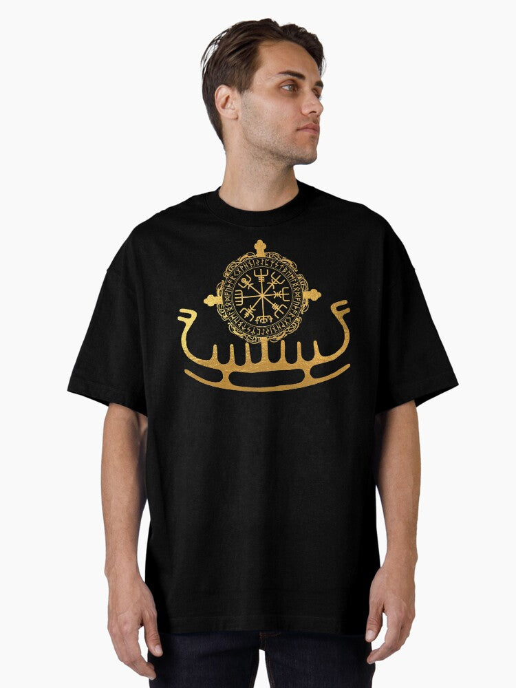 Vegvisir Runic Compass Viking Ship Oversized T-shirt | Trendy Graphic Tee | Casual Unisex T-shirt