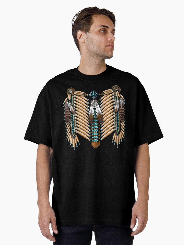 Native American Warrior Chestplate In Bone And Turquoise Oversized T-shirt | Premium Basketball Jersey | Fan Edition Apparel