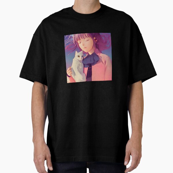"‘Girl with a White Cat’ Aesthetic Lofi Anime Illustration with a Girl Holding a White Cat" Oversized T-Shirt for Sale by AVBDesigns20