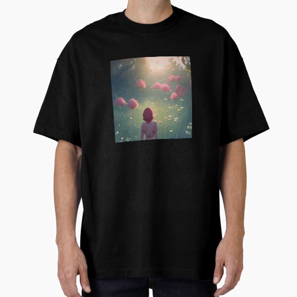 "‘Girl in Field II’ Aesthetic Lofi Anime Illustration with Girl Standing in a Field with Big Flowers" Oversized T-Shirt for Sale by AVBDesigns20