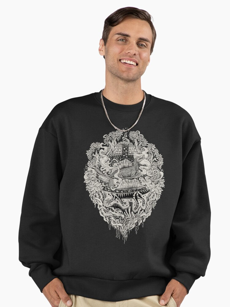 Sunken Temple of the Spinosaurus | Monochrome | Dinosaur Science Fiction Art Premium Oversized Sweatshirt