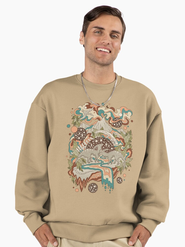 Lost Portal: Parasaurolophus | Retro Rainbow Palette | Dinosaur Science Fiction Art Premium Oversized Sweatshirt