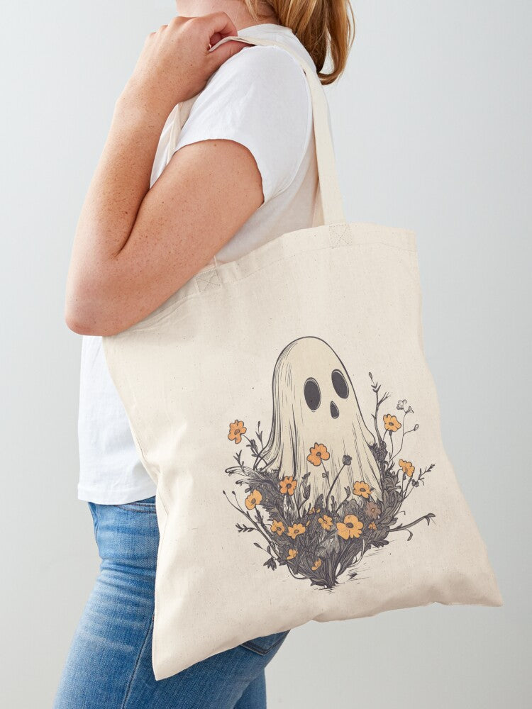 Ghost With Flowers Tote Bag | Cute Halloween Tote Bag | Reusable Eco Shopping Bag