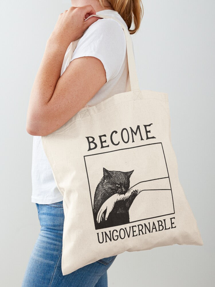 Become Ungovernable - Black Cat Biting Hand Funny Meme Tote Bag | Cute Halloween Tote Bag | Reusable Eco Shopping Bag