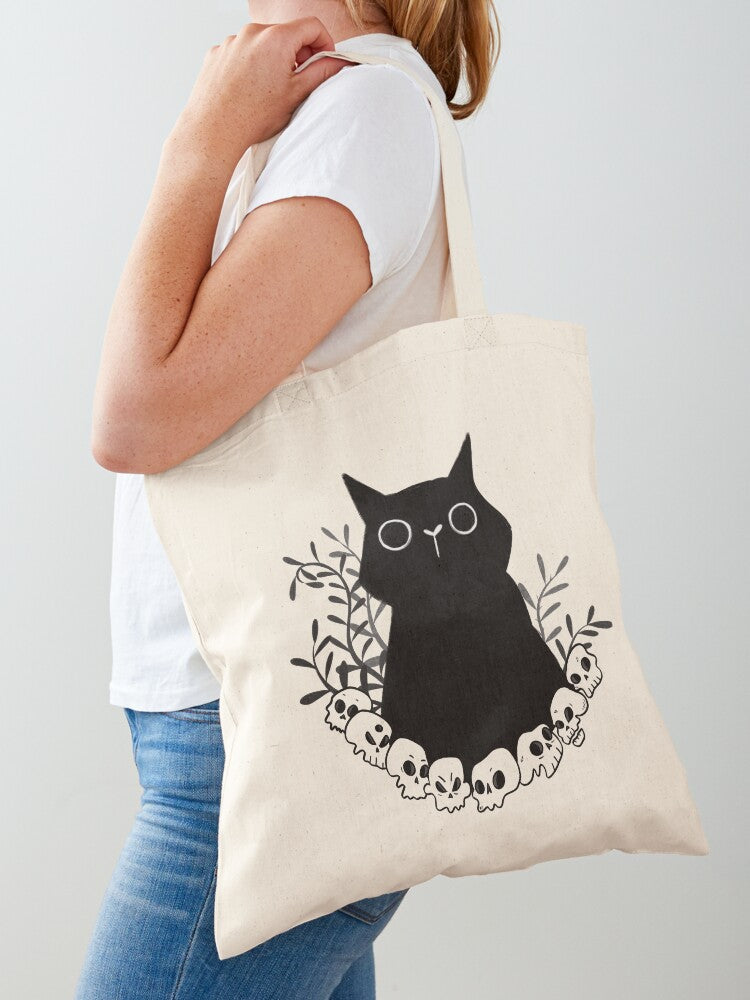 Spooky Cat And Skulls Tote Bag | Cute Halloween Tote Bag | Reusable Eco Shopping Bag