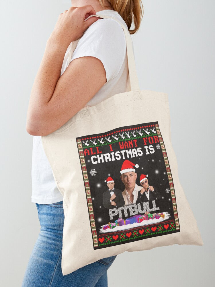 All I Want For Christmas Is Pitbull Tote Bag | Cute Halloween Tote Bag | Reusable Eco Shopping Bag