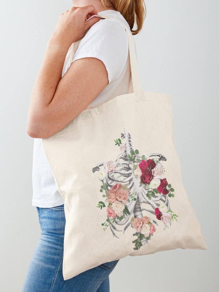 Anatomy Ribcage Rib Cageroses Bloom Spring Tote Bag | Cute Halloween Tote Bag | Reusable Eco Shopping Bag