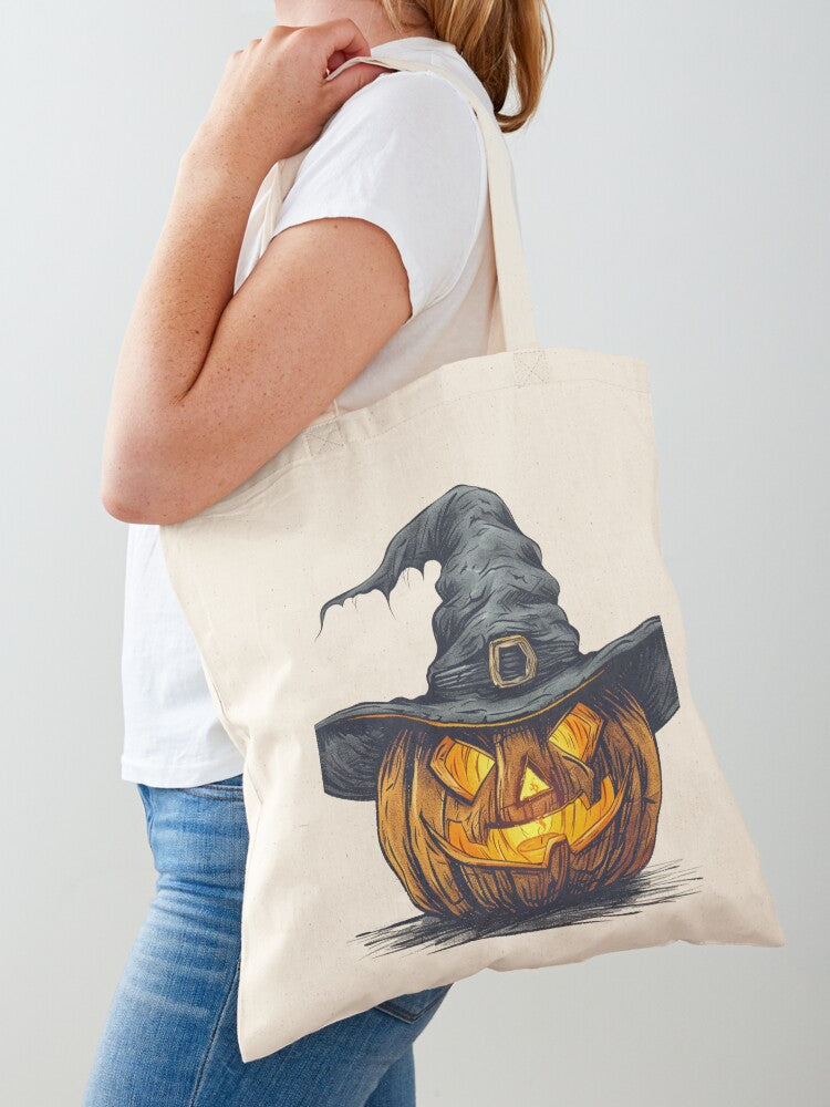 Spooky Halloween Pumpkin Evil Jack Olantern With Witch Hat Illustration Tote Bag | Spooky Halloween Tote Bag | Trendy Reusable Bag