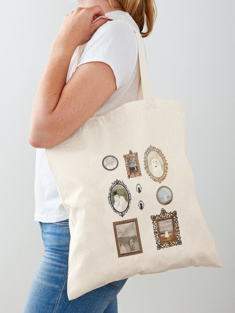Ghost Portrait Sticker Set Tote Bag | Cute Halloween Tote Bag | Reusable Eco Shopping Bag