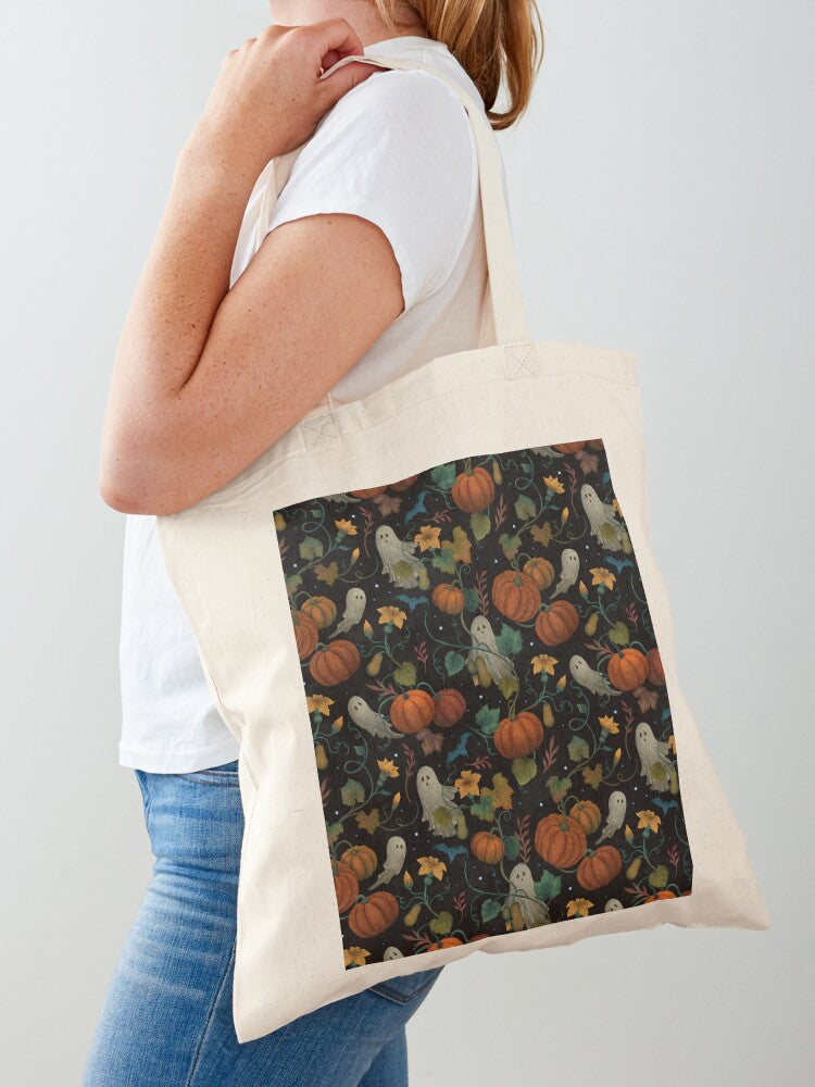 Pumpkin Ghost Pattern Tote Bag | Cute Halloween Tote Bag | Reusable Eco Shopping Bag