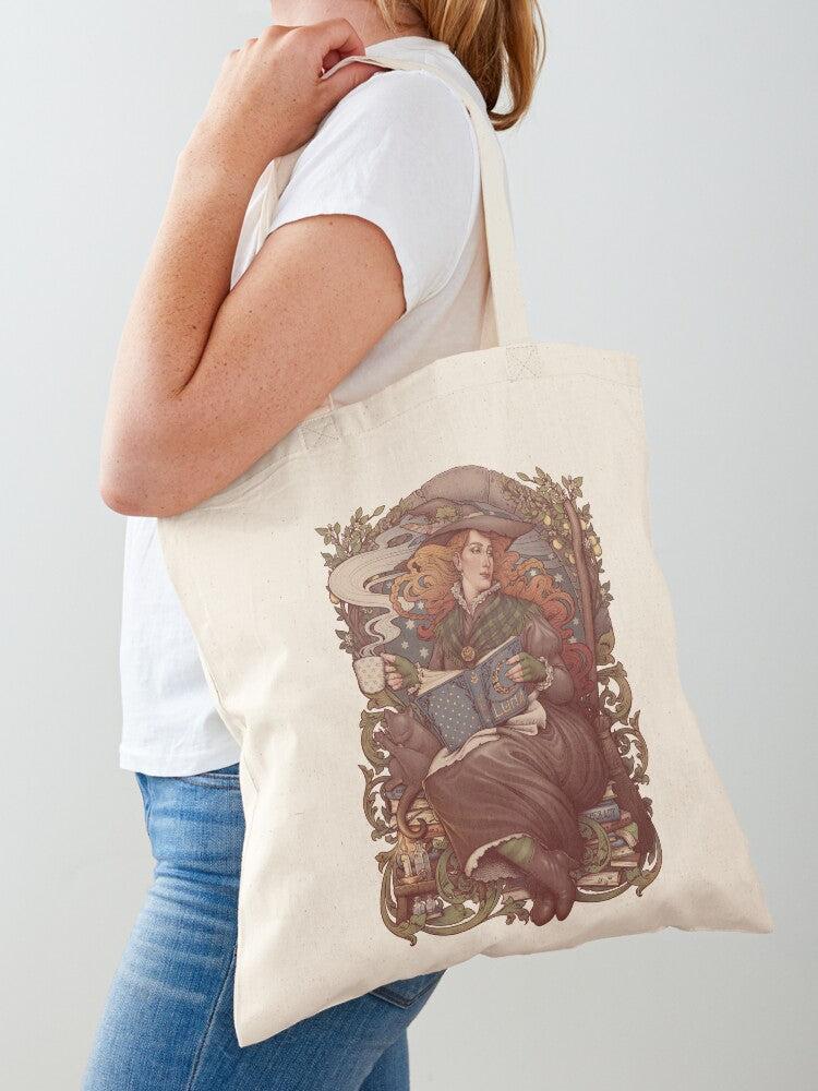 Nouveau Folk Witch Tote Bag | Cute Halloween Tote Bag | Reusable Eco Shopping Bag