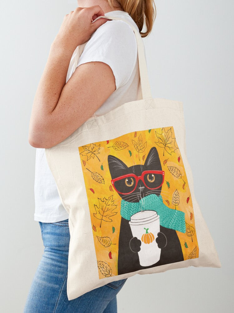 Autumn Pumpkin Coffee Cat Tote Bag | Cute Halloween Tote Bag | Reusable Eco Shopping Bag