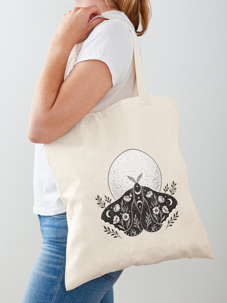 Luna And Moth - Black Tote Bag | Cute Halloween Tote Bag | Reusable Eco Shopping Bag