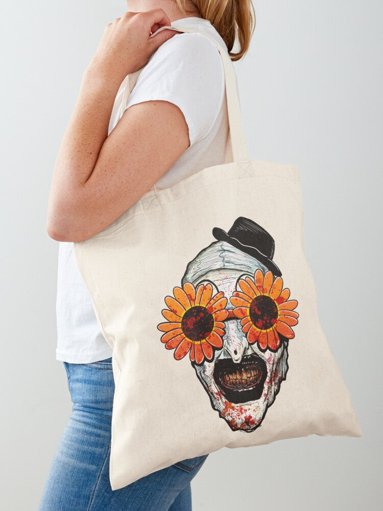 Art The Clown Terrifier 2 Sunflower Sunglasses Tote Bag | Cute Halloween Tote Bag | Reusable Eco Shopping Bag