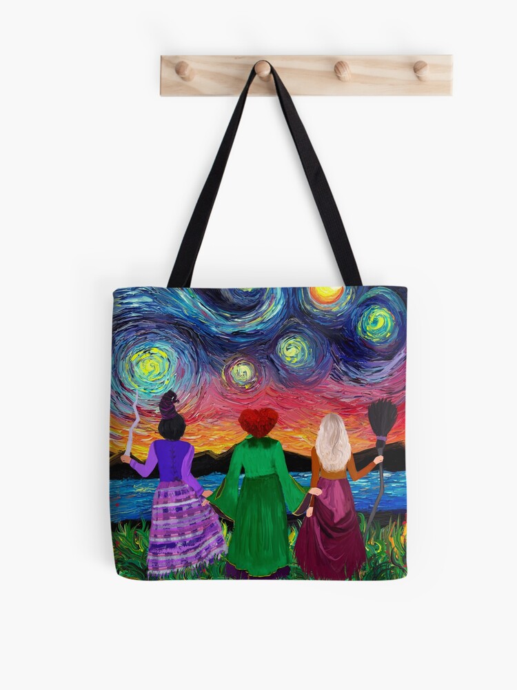 Hocus Pocus Sanderson Sisters In Starry Night Painting Tote Bag | Cute Halloween Tote Bag | Reusable Eco Shopping Bag