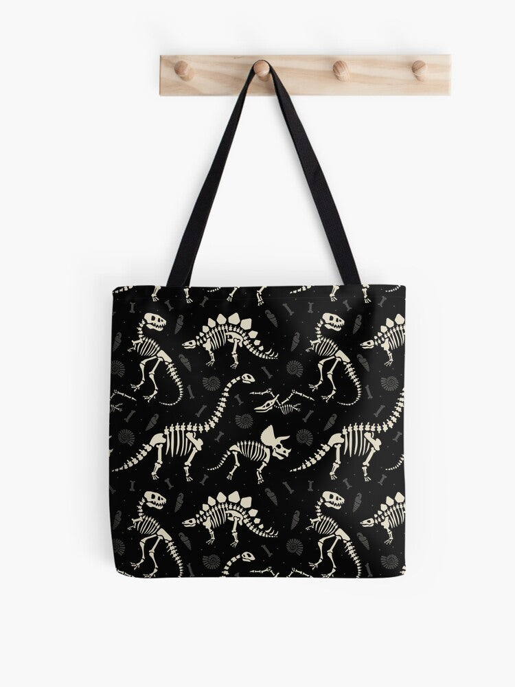 Dinosaur Fossils In Black Tote Bag | Cute Halloween Tote Bag | Reusable Eco Shopping Bag