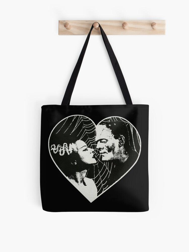 Frankenstein And Bride Goth Emo Heart Tote Bag | Cute Halloween Tote Bag | Reusable Eco Shopping Bag
