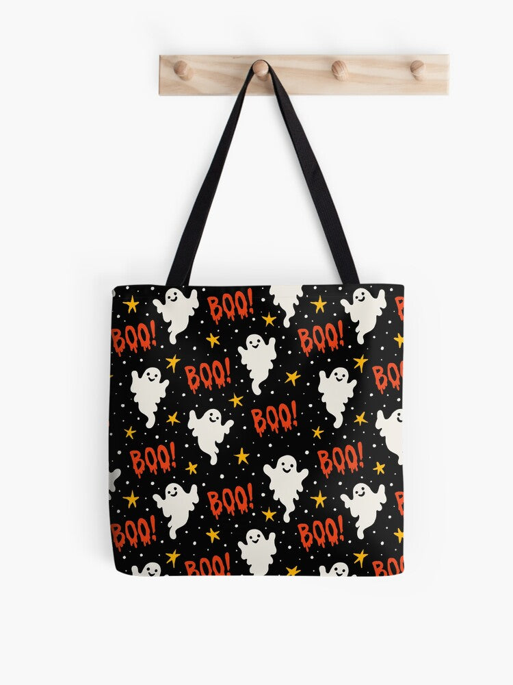 Boo Halloween Ghosts On Black Tote Bag | Spooky Halloween Tote Bag | Trendy Reusable Bag