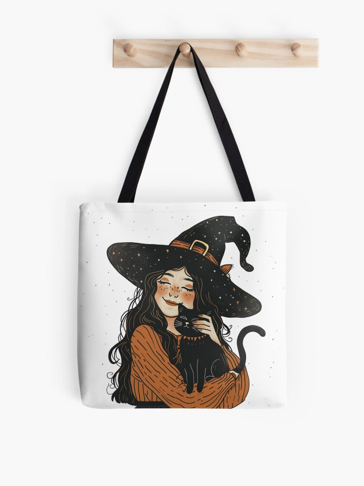 Cute Halloween Witch Smiling Girl With Black Cat Illustration Tote Bag | Spooky Halloween Tote Bag | Trendy Reusable Bag
