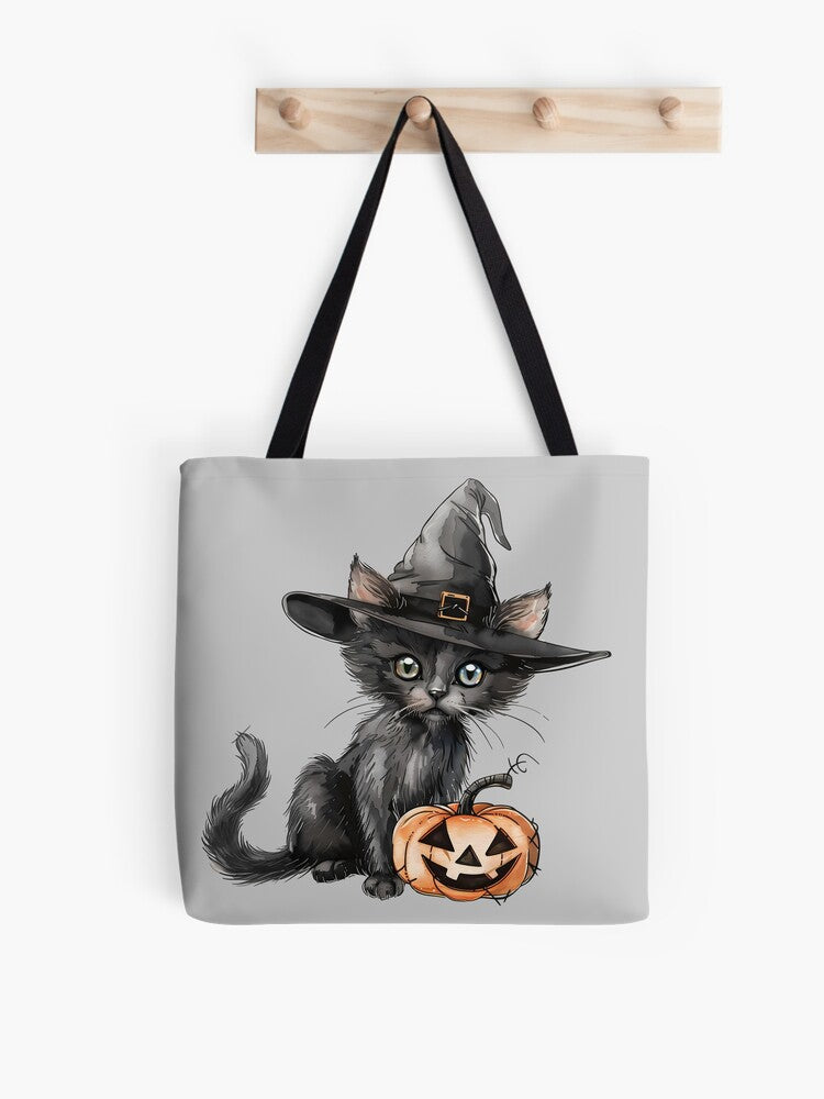 Halloween Black Cat In Witch Hat By Pumpkin Tote Bag | Spooky Halloween Tote Bag | Trendy Reusable Bag