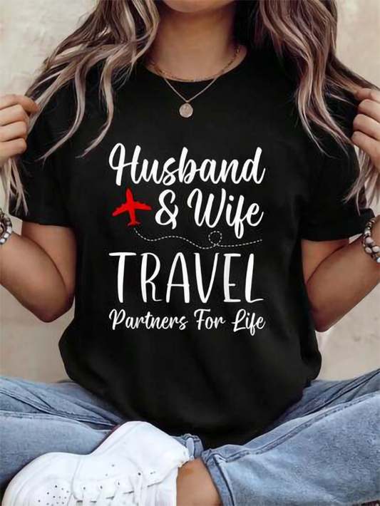 Couple Matching Husband And Wife Travel Partners For Life Print T-Shirt Casual Crew Neck Short