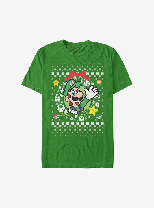 Super Mario Luigi Wreath Christmas Sweater T-shirt | Trendy Graphic Tee | Casual Unisex T-shirt