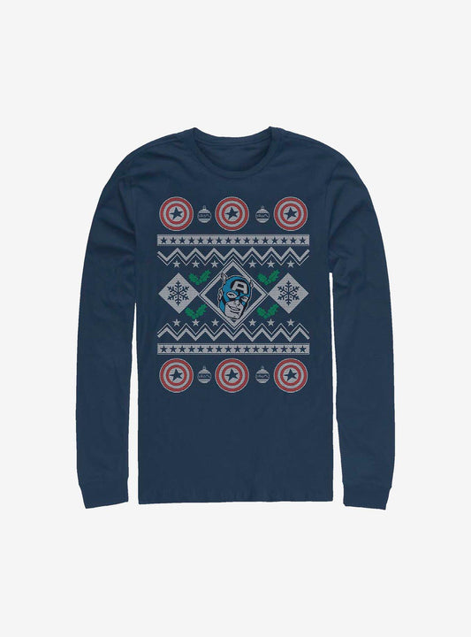 Marvel Captain America Christmas Pattern Sweater Long-Sleeve T-Shirt T-Shirt – High Detail Graphic | Trending Now