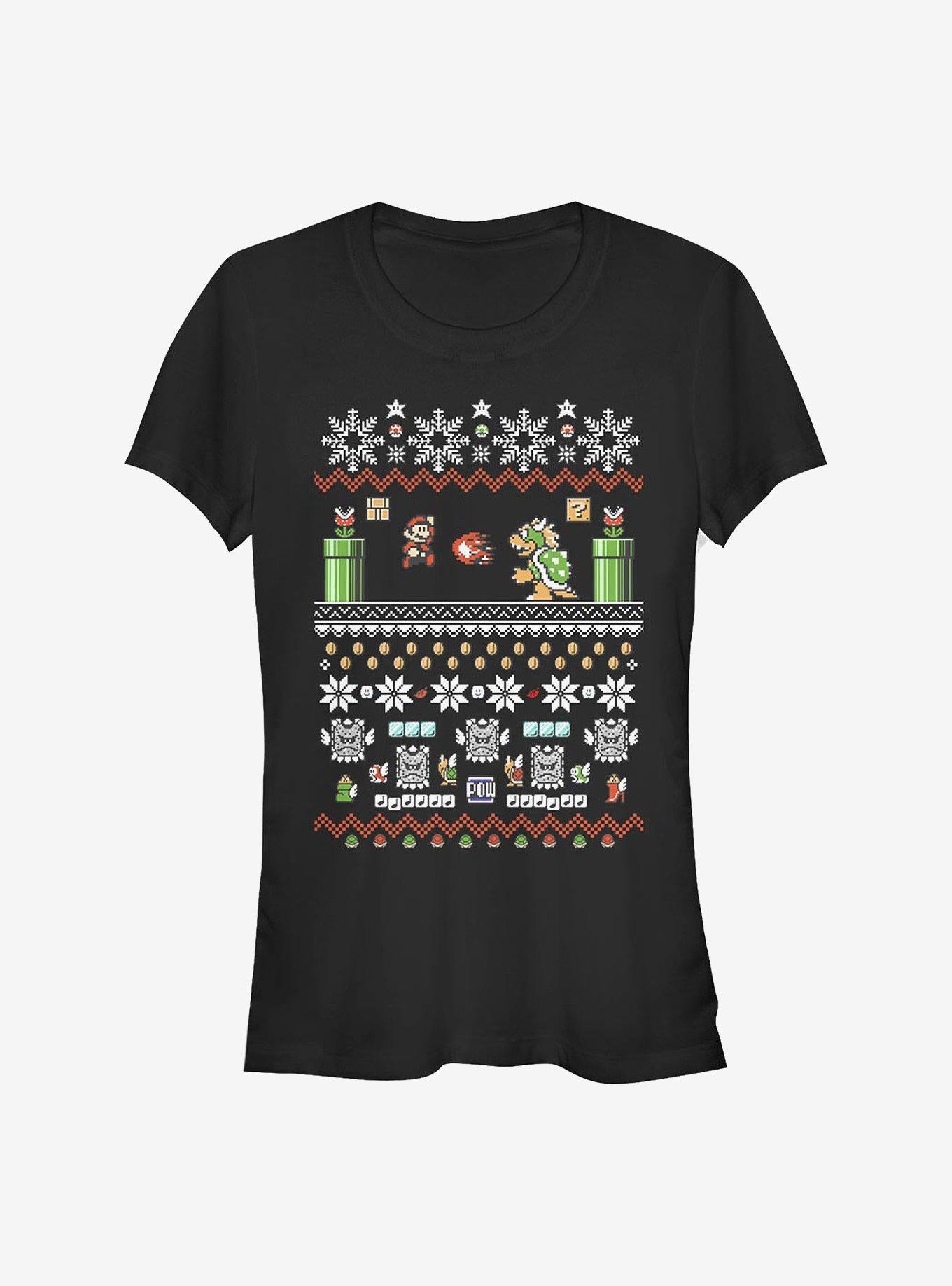 Nintendo Mario 8-bit Xmas Stack Girls T-shirt | Trendy Graphic Tee | Casual Unisex T-shirt