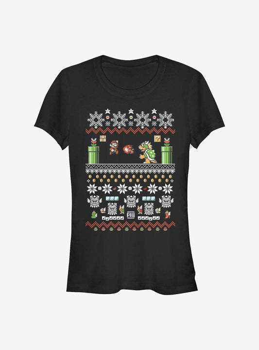 Nintendo Mario 8-bit Xmas Stack Girls T-shirt | Trendy Graphic Tee | Casual Unisex T-shirt