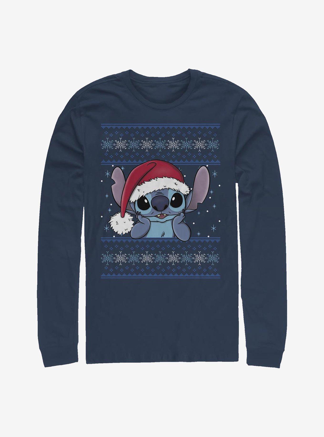 Disney Lilo Stitch Holiday Stitch Wearing Santa Hat LongSleeve TShirt T-Shirt | Seasonal Must-Have | Trending Festive Apparel