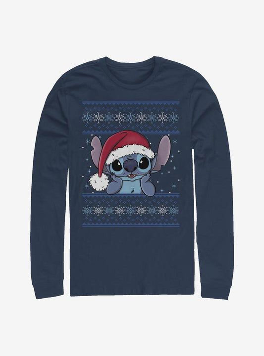 Disney Lilo Stitch Holiday Stitch Wearing Santa Hat Long-Sleeve T-Shirt T-Shirt – Vintage Style Artwork | Must-Have Style
