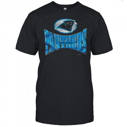 1996 Carolina Panthers Vintage Black Logo 7 Squeeze Spellout Logo NFL Shirt