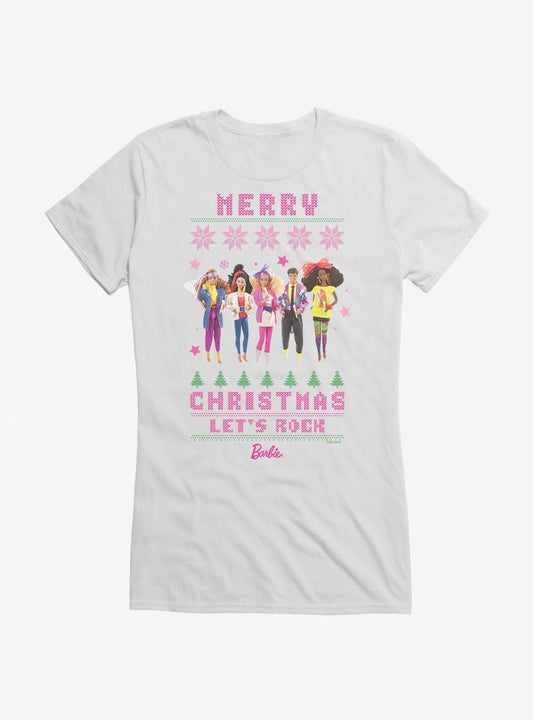 Barbie Merry Christmas Let's Rock Ugly Christmas Pattern Girls T-shirt | Trendy Graphic Tee | Casual Unisex T-shirt